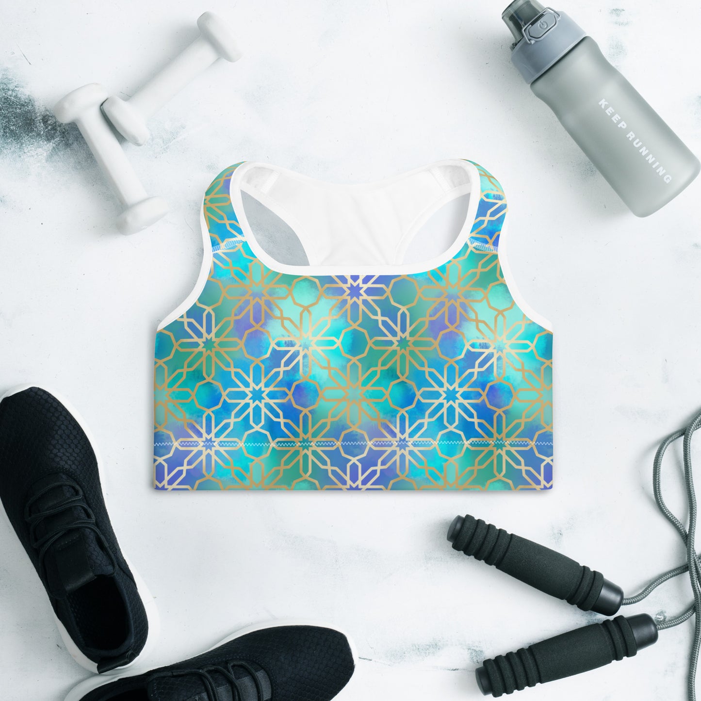 Padded Sports Bra - Arabian Geometry in Red Sea Watercolors