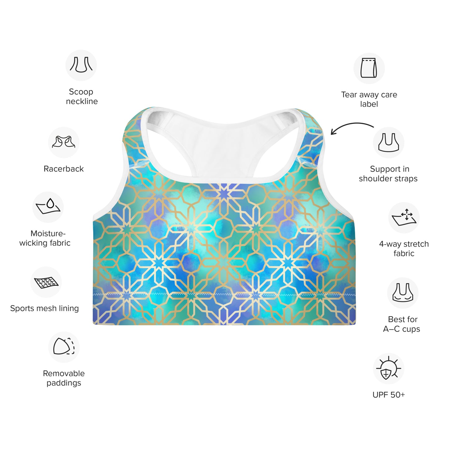 Padded Sports Bra - Arabian Geometry in Red Sea Watercolors