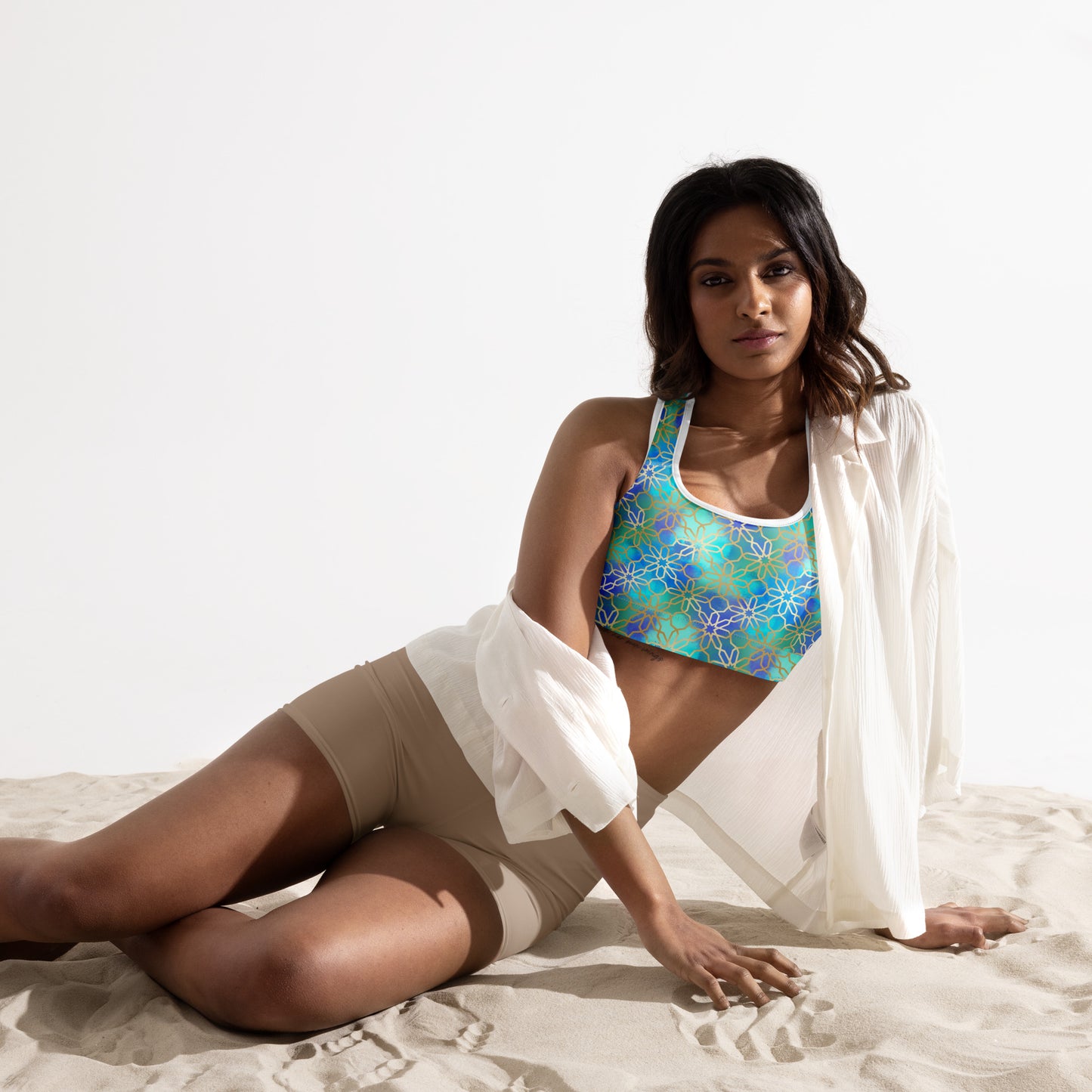 Padded Sports Bra - Arabian Geometry in Red Sea Watercolors