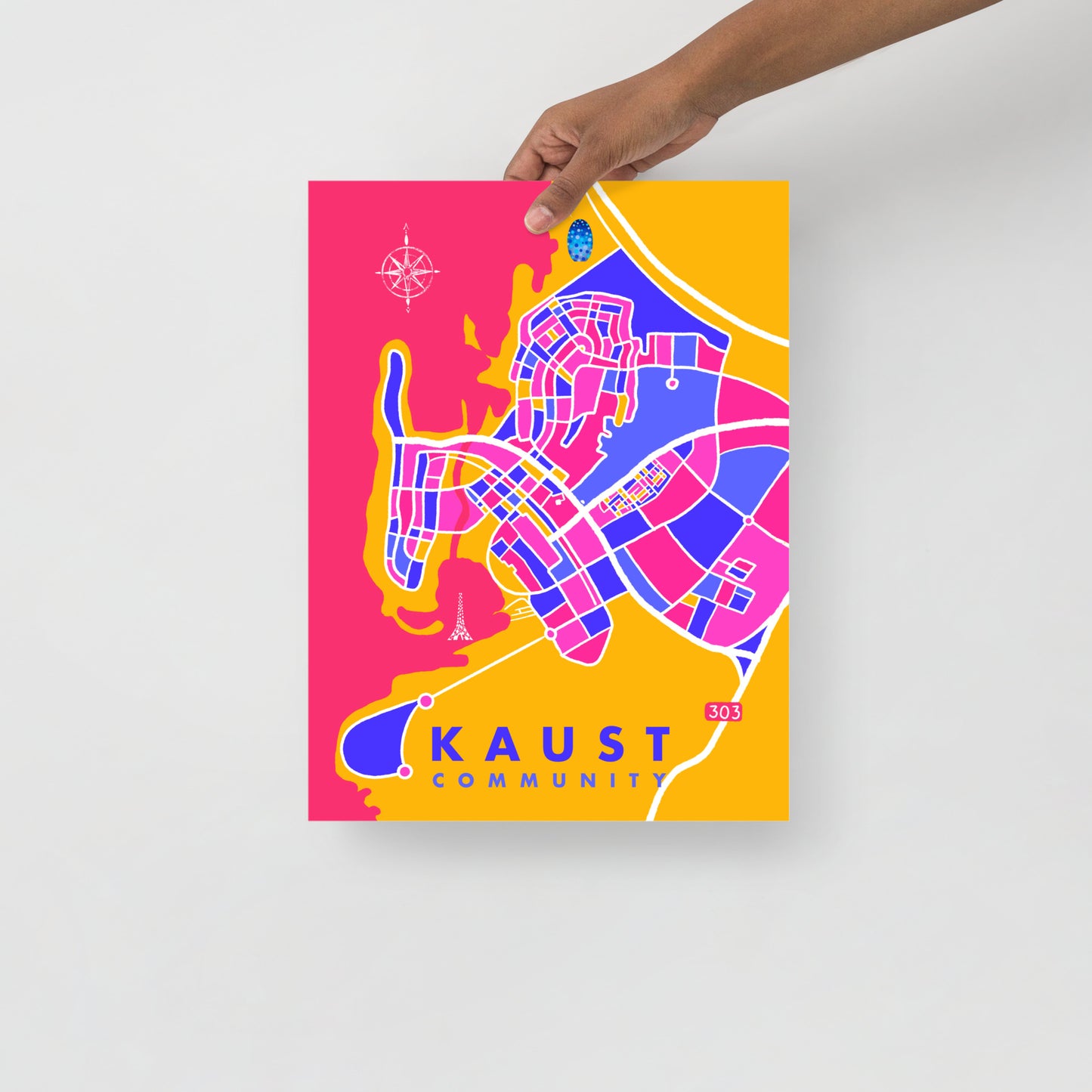 KAUST Community Map Art Poster in pink and yellow