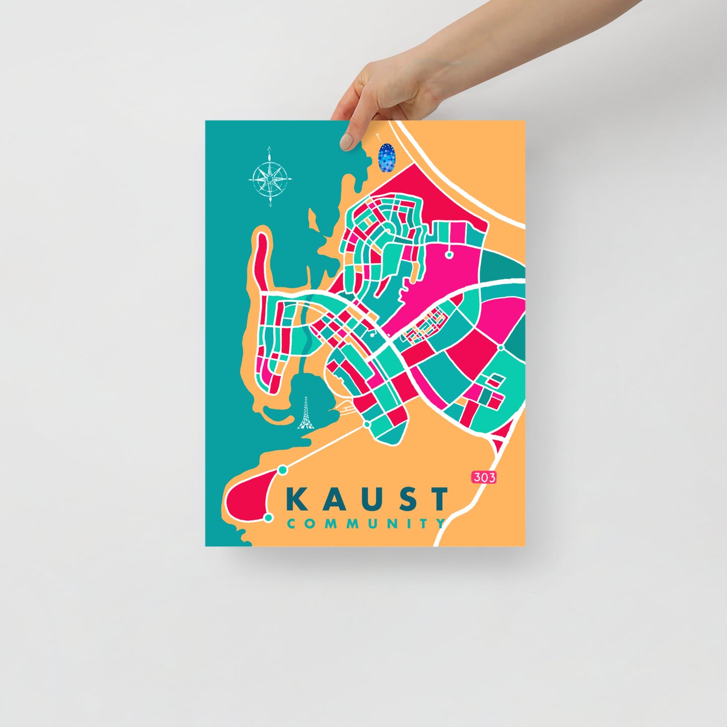 KAUST Community Map Art Poster in Pink and Teal