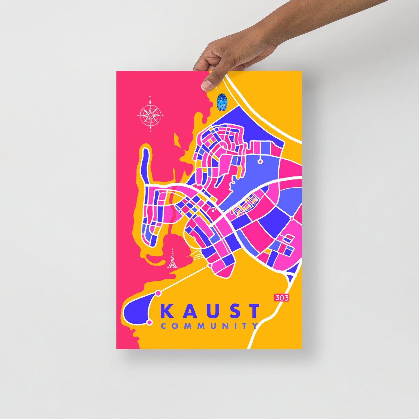 KAUST Community Map Art Poster in pink and yellow