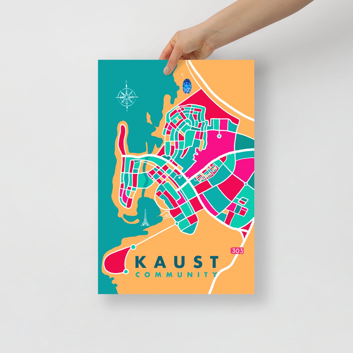KAUST Community Map Art Poster in Pink and Teal