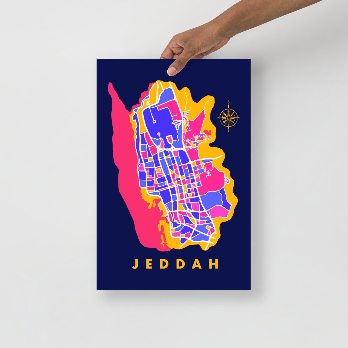 Jeddah Map Art Poster in Blue, Yellow and Pink