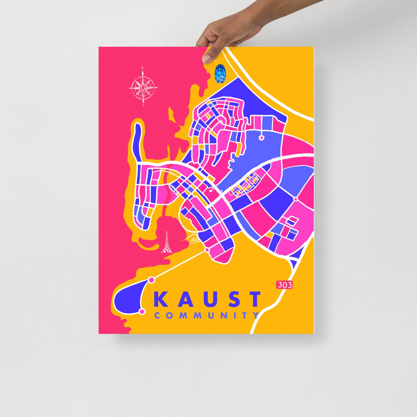 KAUST Community Map Art Poster in pink and yellow