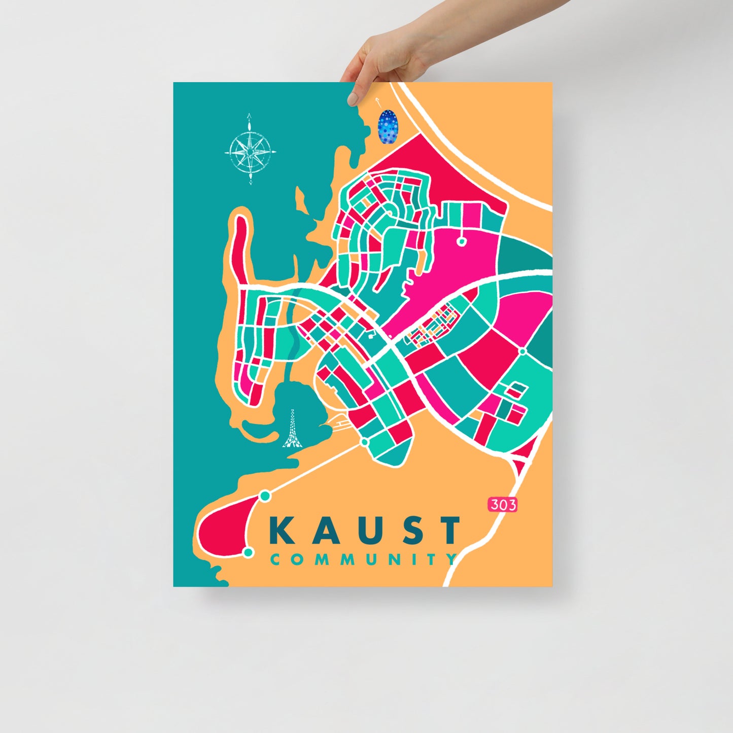 KAUST Community Map Art Poster in Pink and Teal
