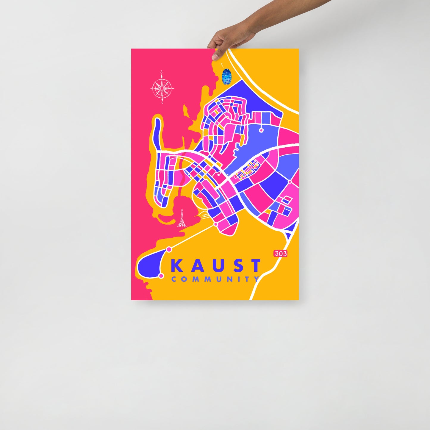 KAUST Community Map Art Poster in pink and yellow