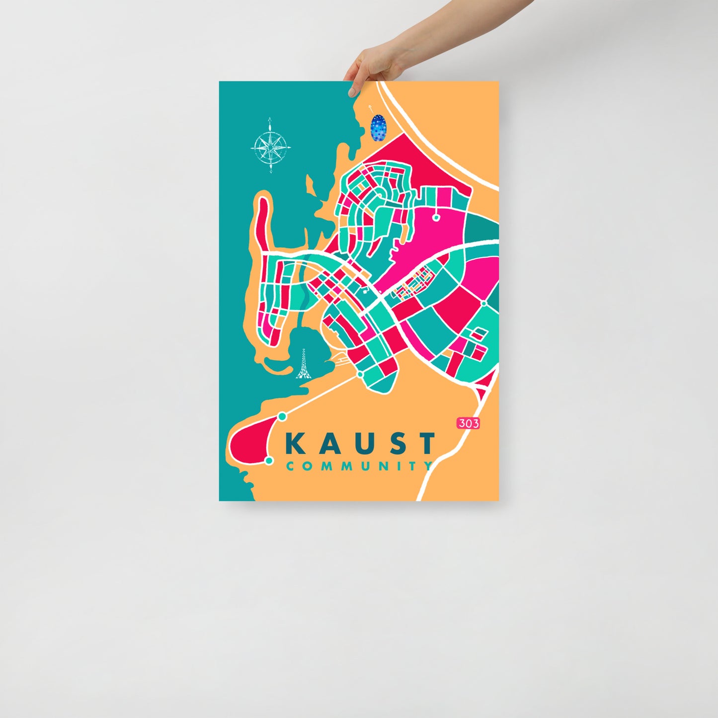 KAUST Community Map Art Poster in Pink and Teal