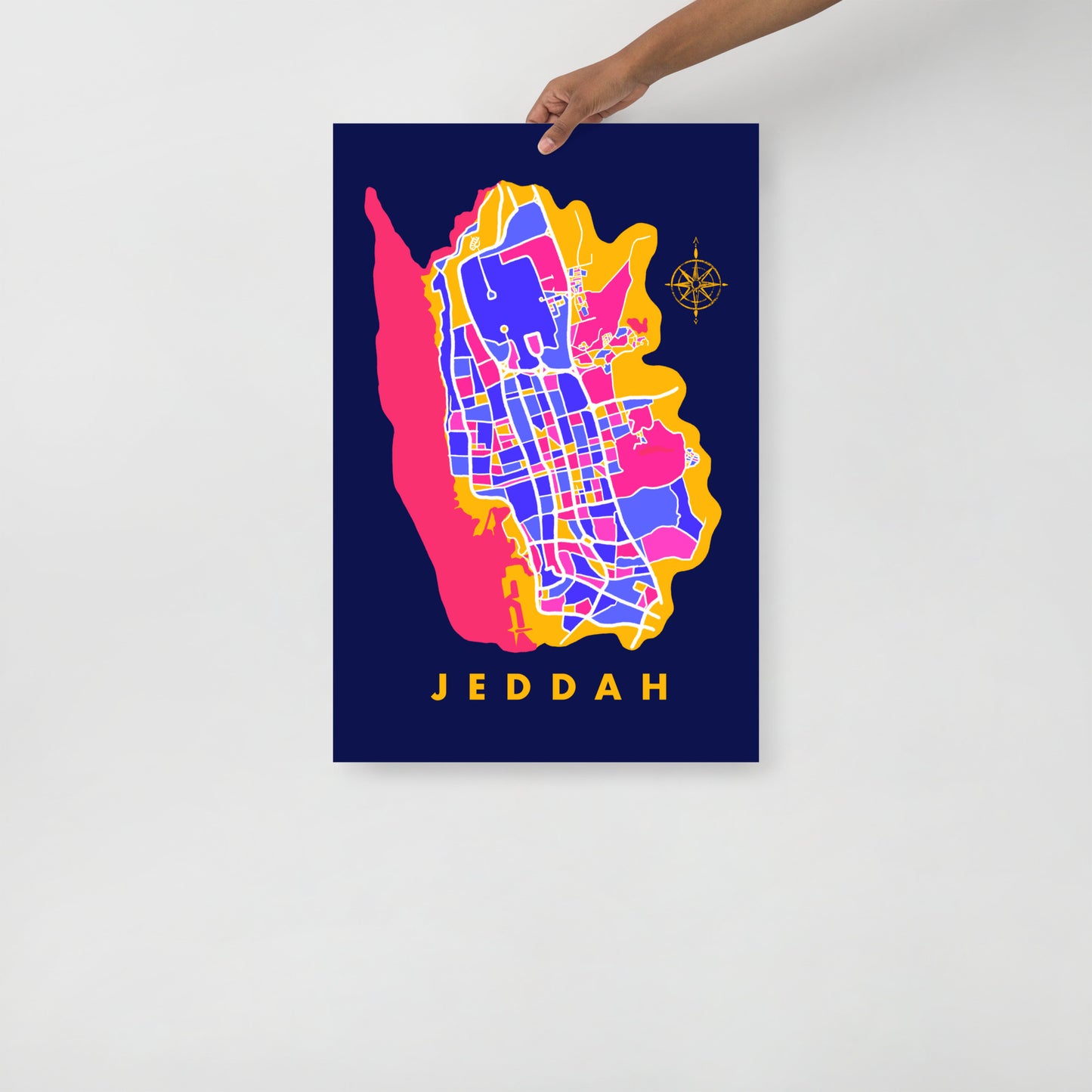 Jeddah Map Art Poster in Blue, Yellow and Pink