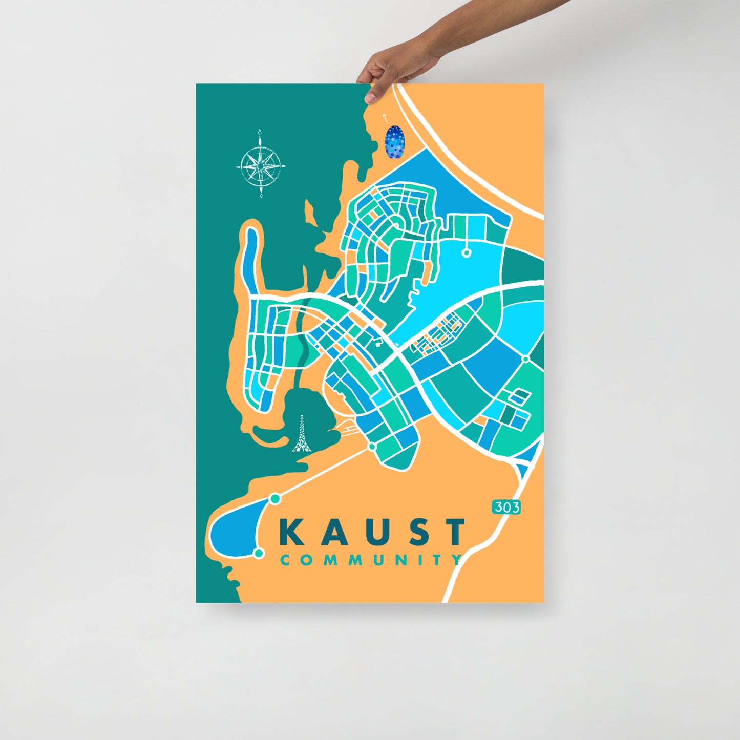 KAUST Community Map Art Poster in Green and Teal