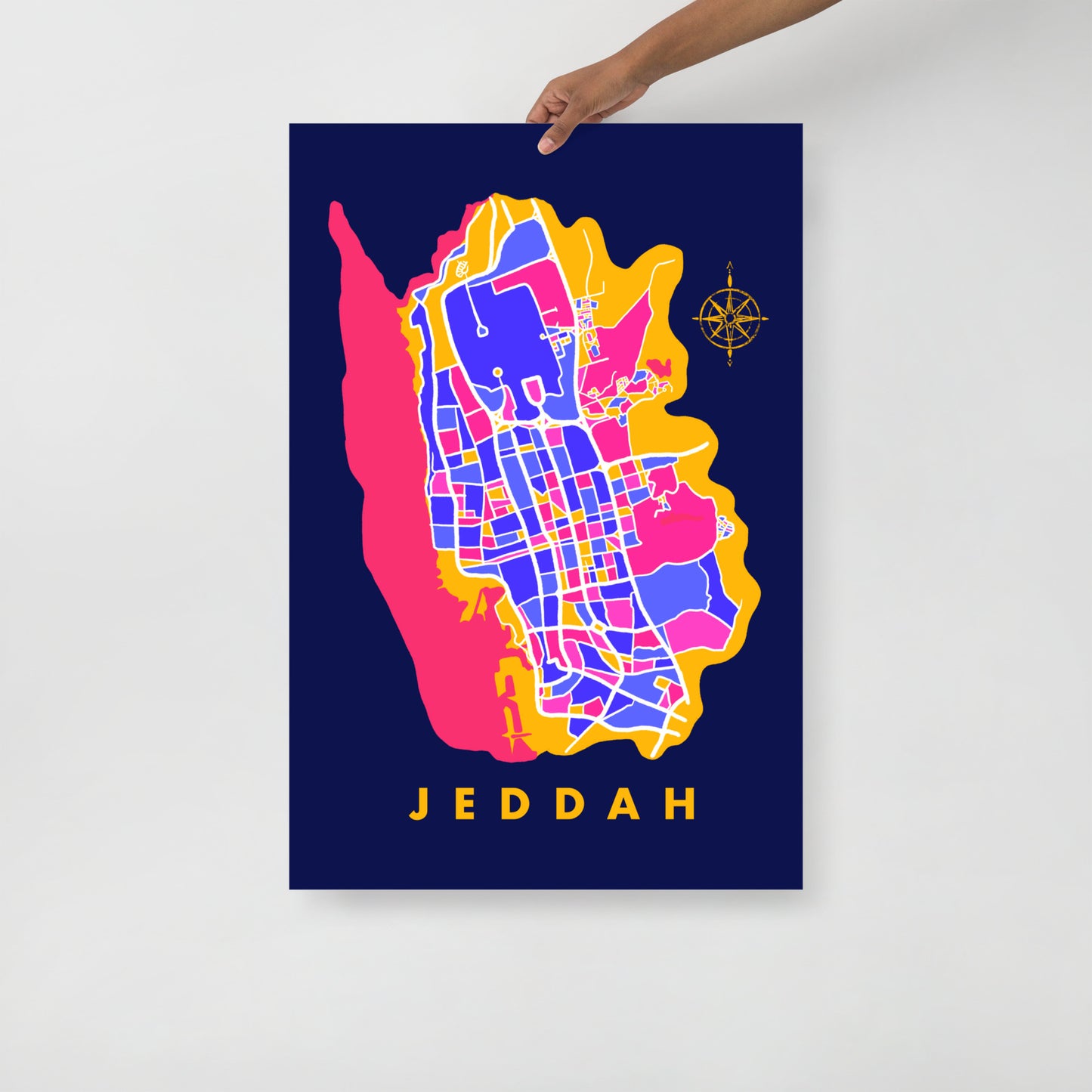 Jeddah Map Art Poster in Blue, Yellow and Pink