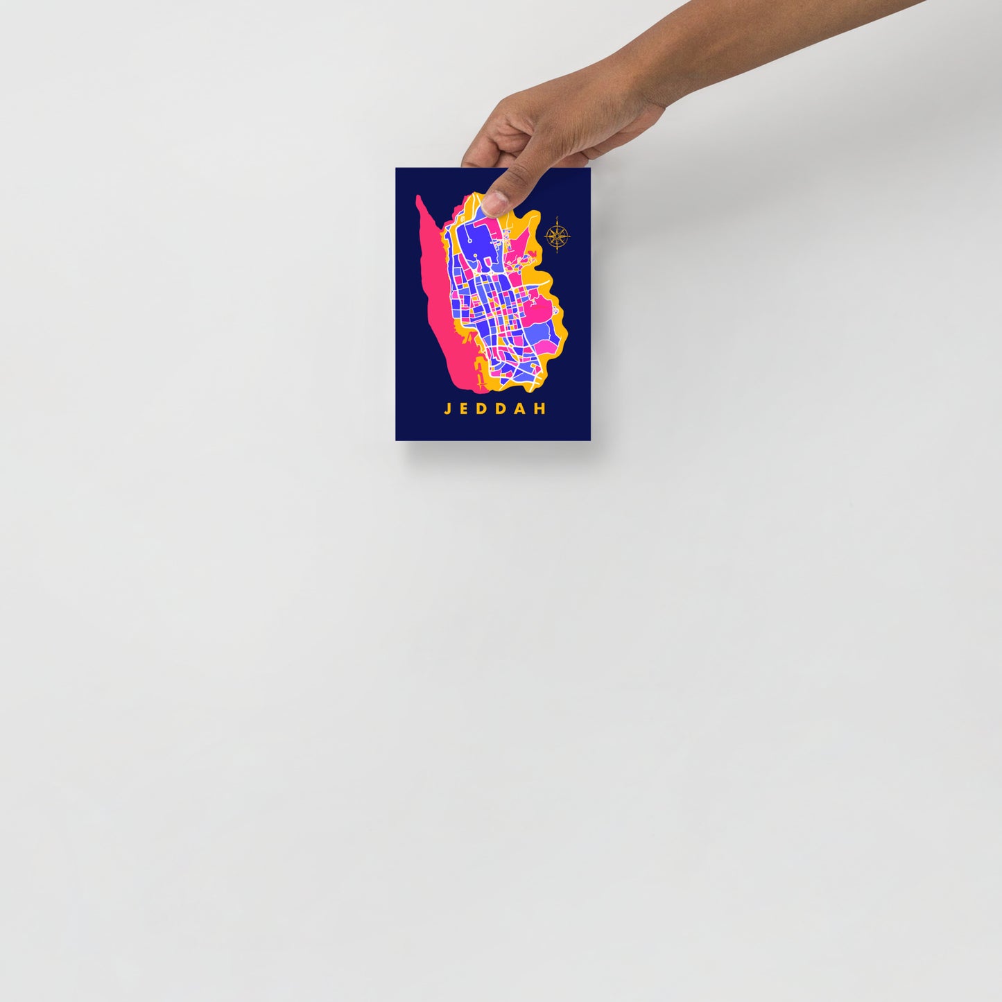 Jeddah Map Art Poster in Blue, Yellow and Pink