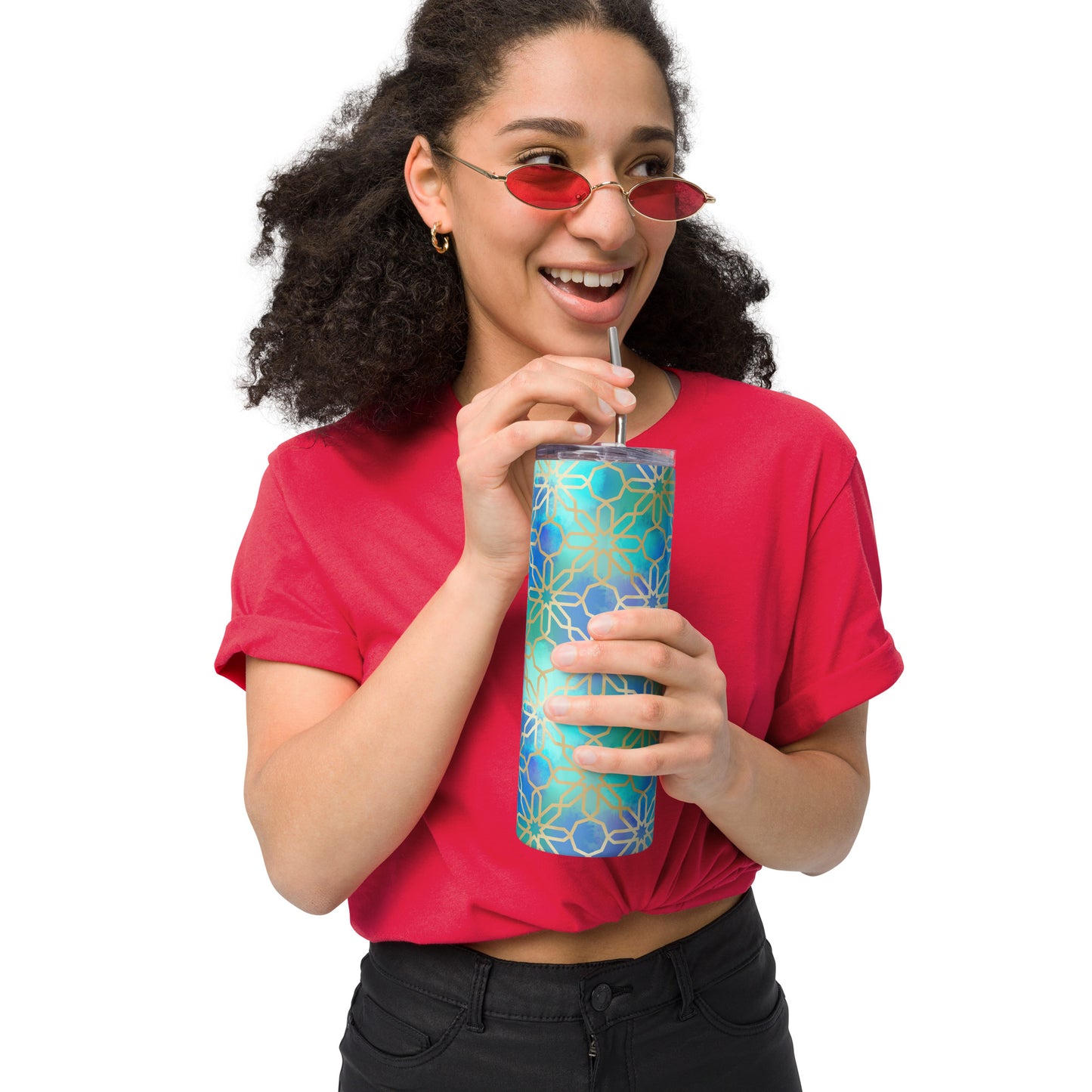 Stainless steel tumbler - Arabian Geometry in Red Sea Watercolors