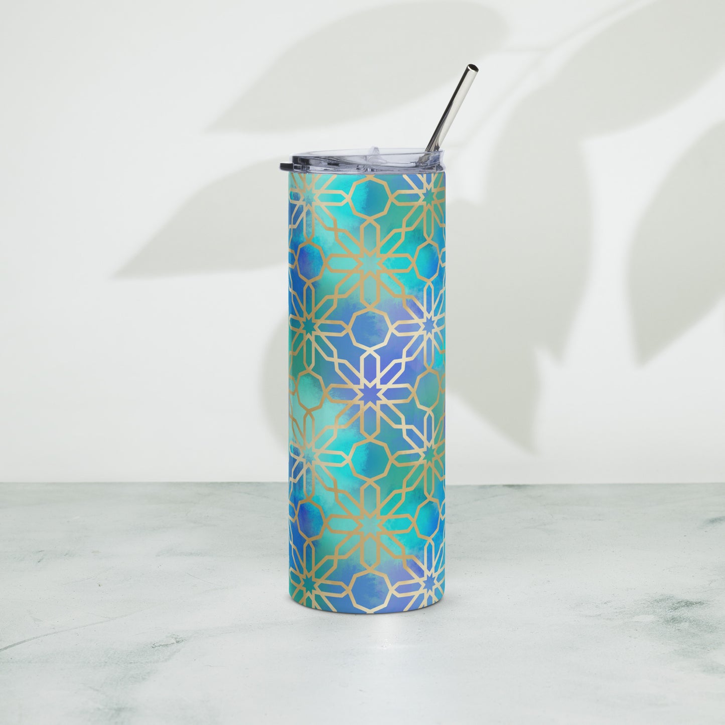 Stainless steel tumbler - Arabian Geometry in Red Sea Watercolors