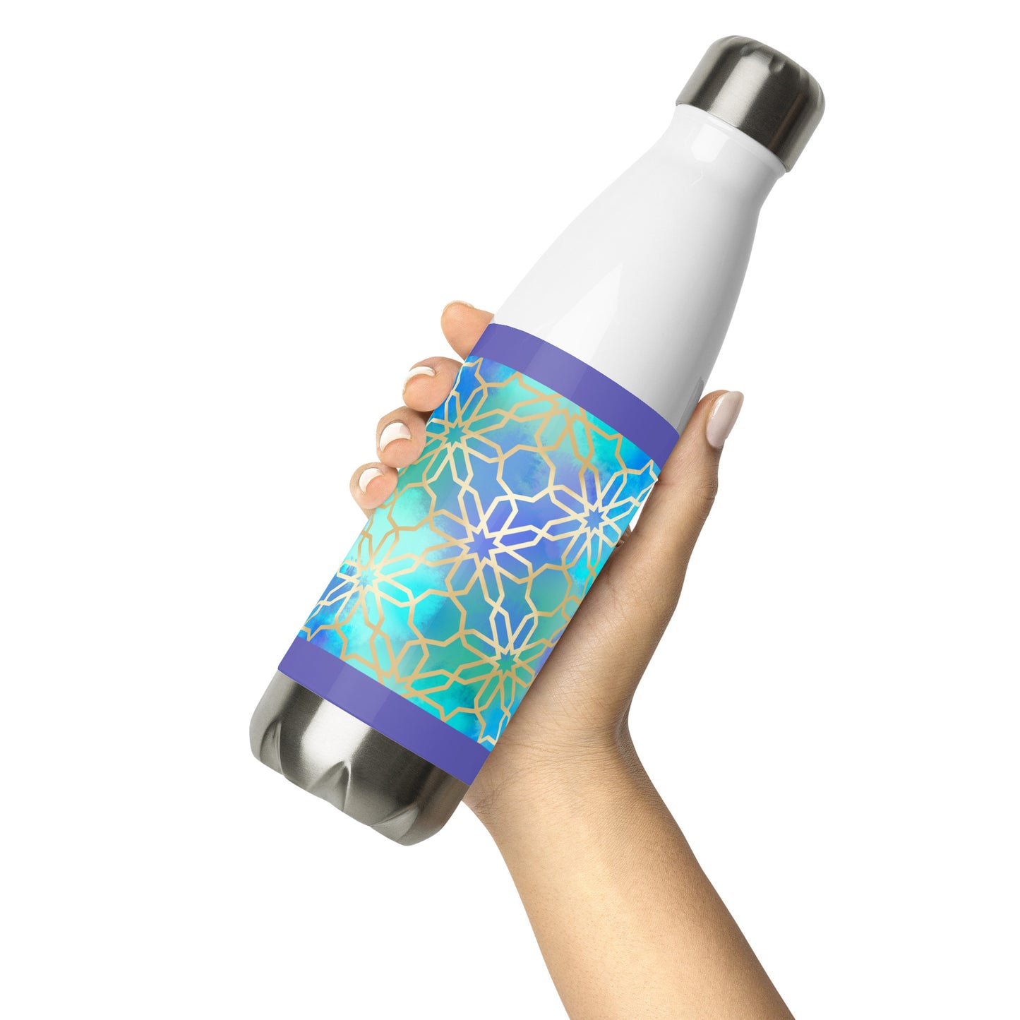 Stainless Steel Water Bottle - Arabian Geometry in Res Sea Watercolors