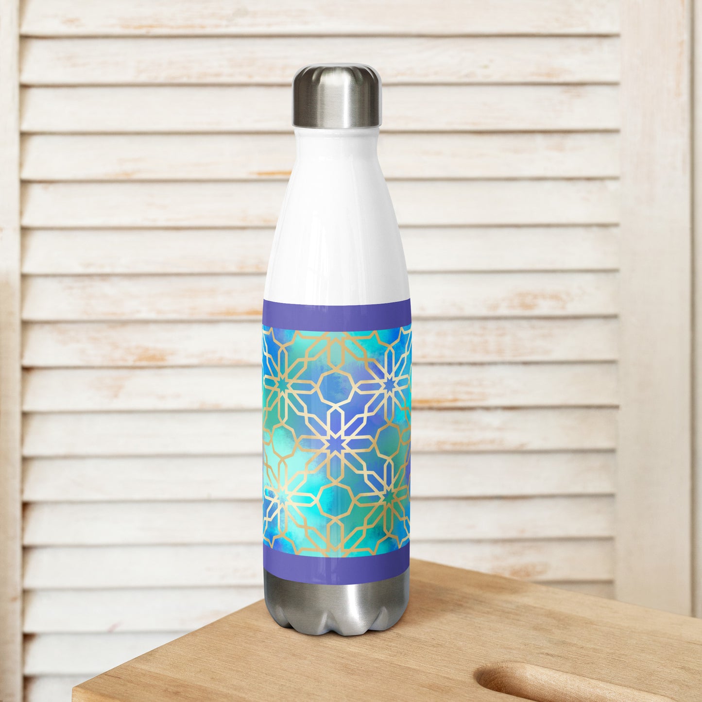 Stainless Steel Water Bottle - Arabian Geometry in Res Sea Watercolors