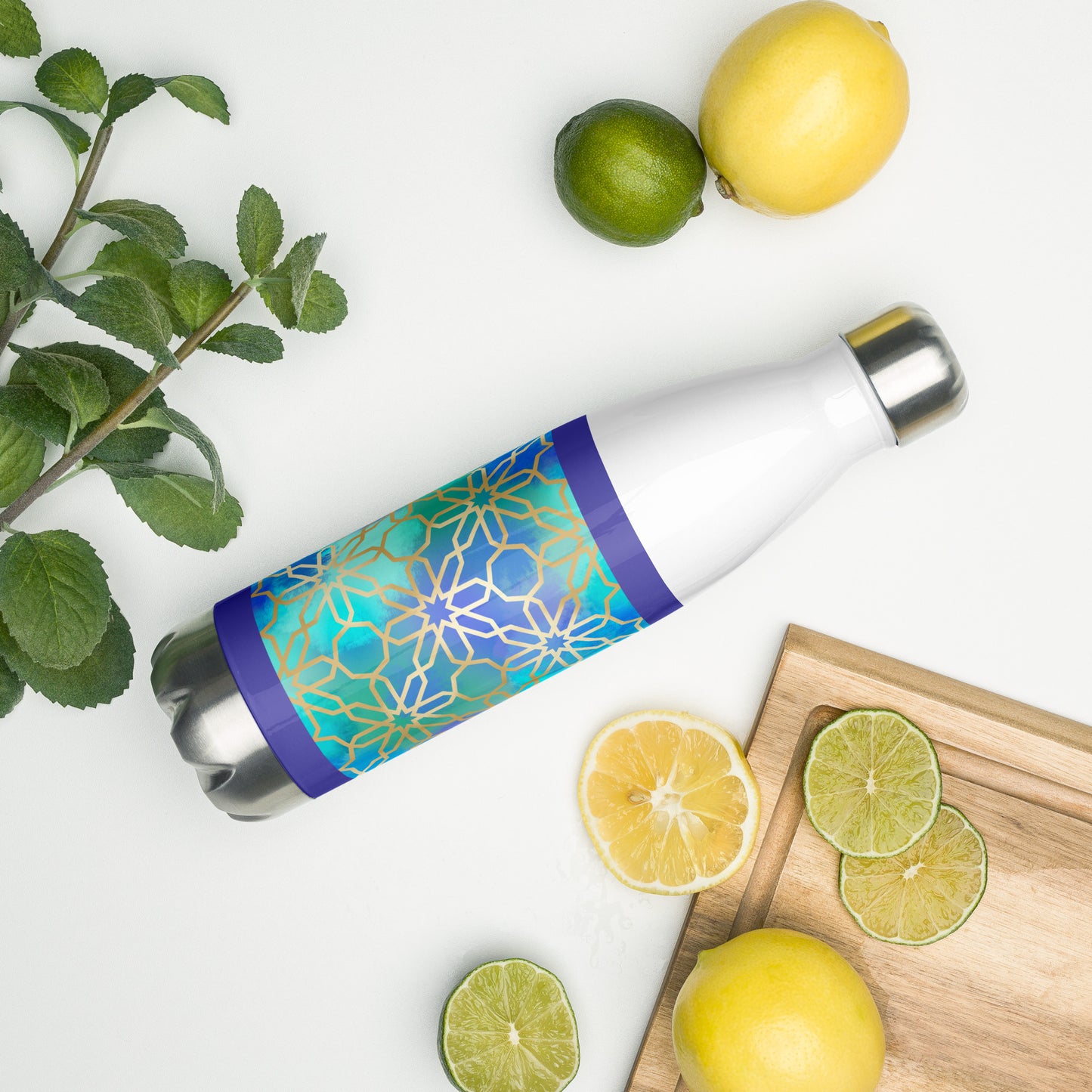 Stainless Steel Water Bottle - Arabian Geometry in Res Sea Watercolors