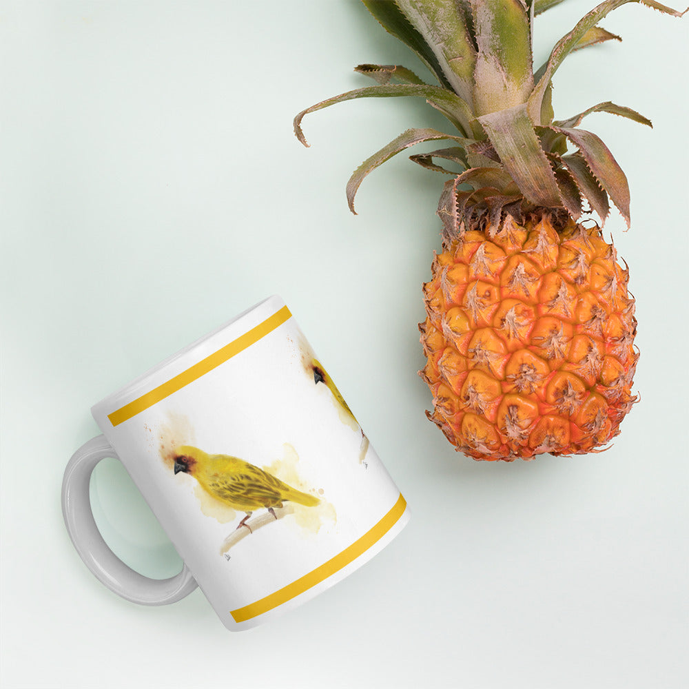 White glossy mug - Ruppells Weaver Bird Watercolor