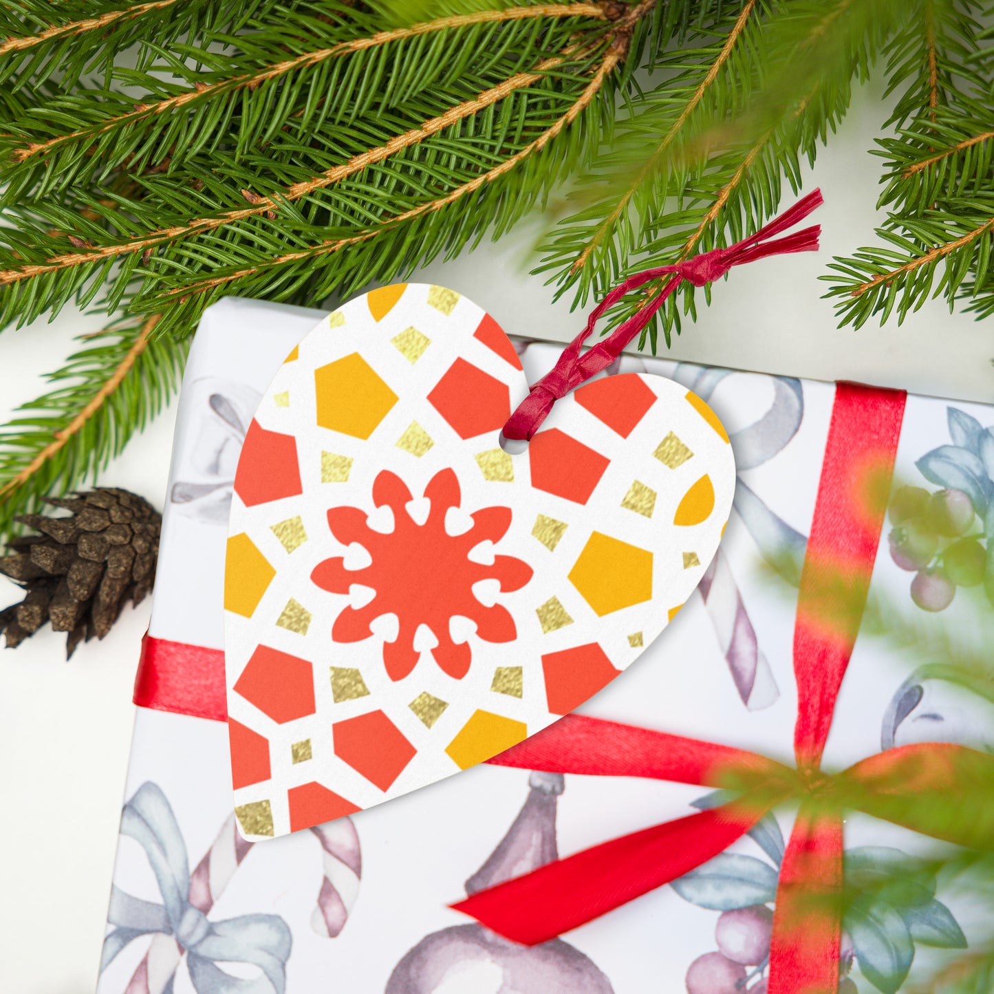 Wooden Holiday Ornaments - Geometric Arabesque in Orange Yellow and Gold