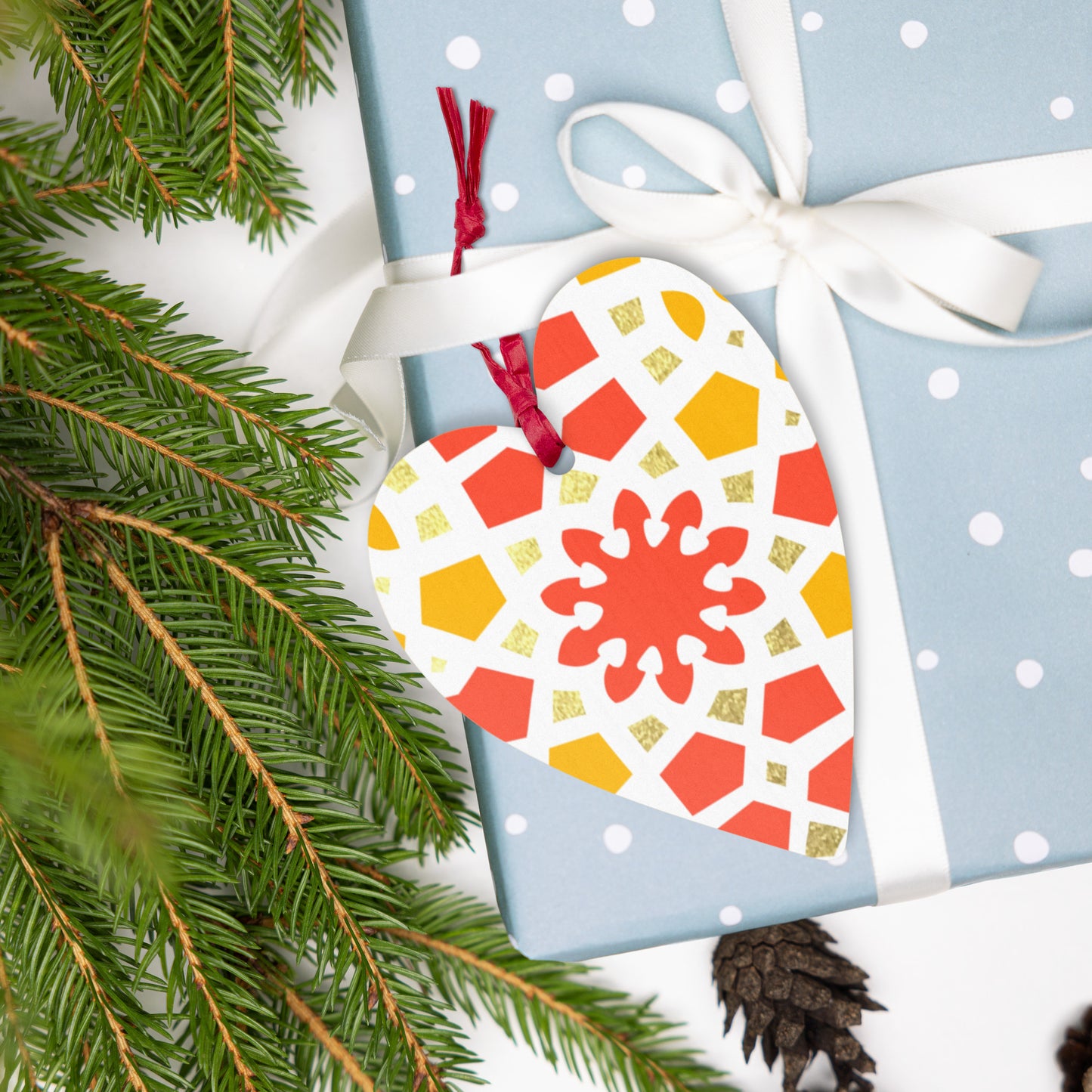 Wooden Holiday Ornaments - Geometric Arabesque in Orange Yellow and Gold