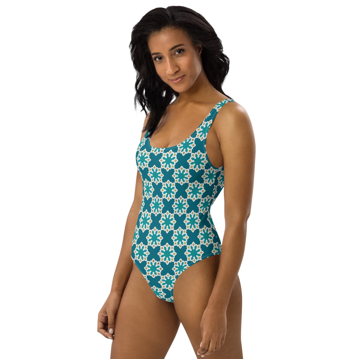 One-Piece Swimsuit - Arabesque Flowers in Aqua and Gold