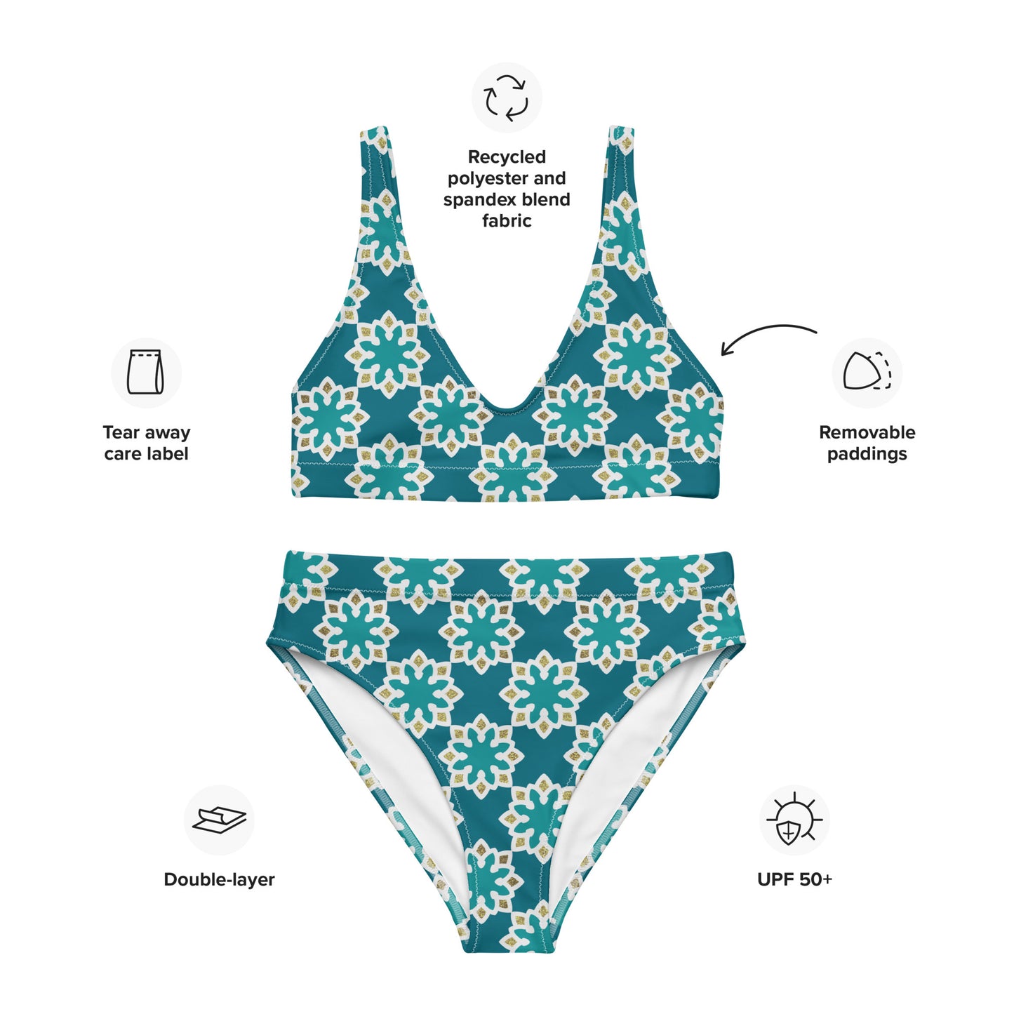 Recycled rPET high-waisted bikini 🍃 Arabesque Flowers in Aqua and Gold