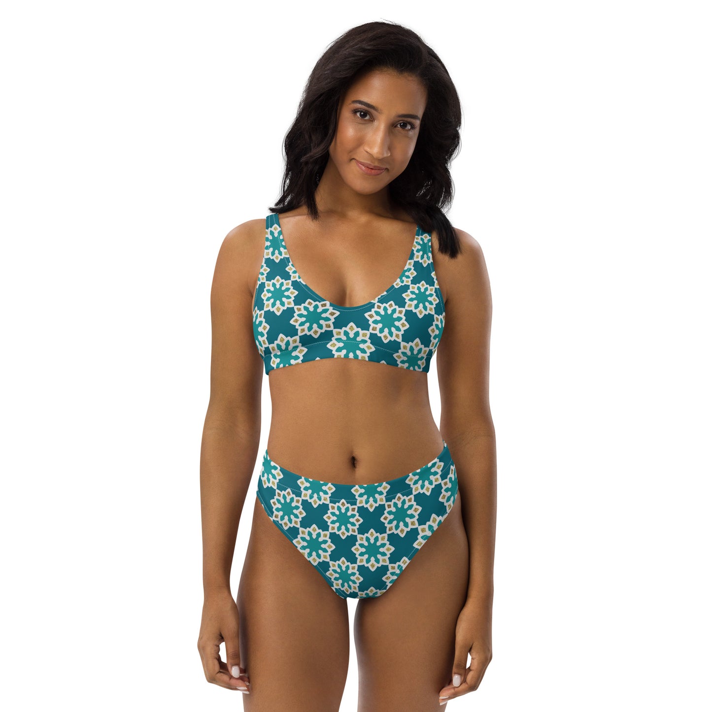 Recycled rPET high-waisted bikini 🍃 Arabesque Flowers in Aqua and Gold