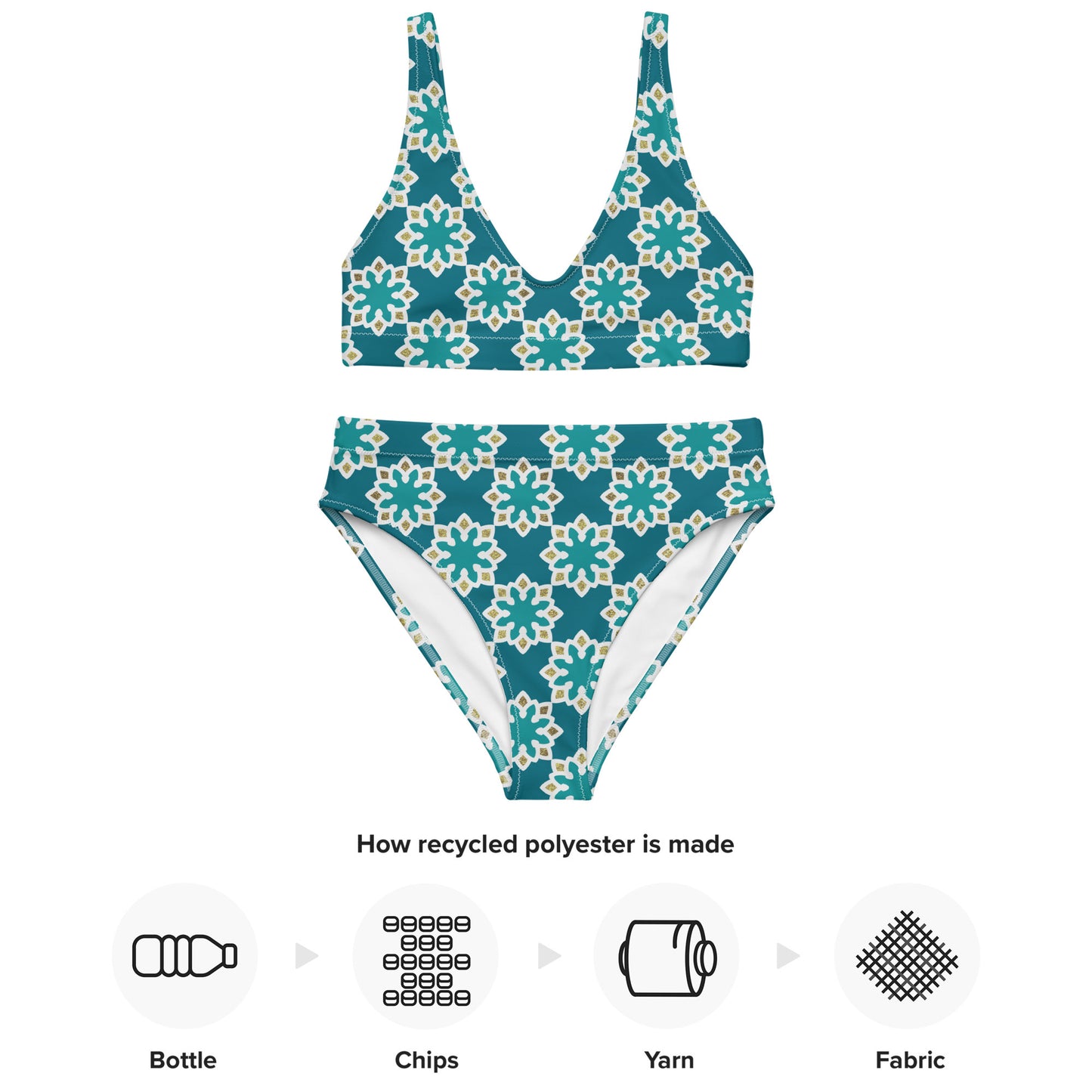Recycled rPET high-waisted bikini 🍃 Arabesque Flowers in Aqua and Gold