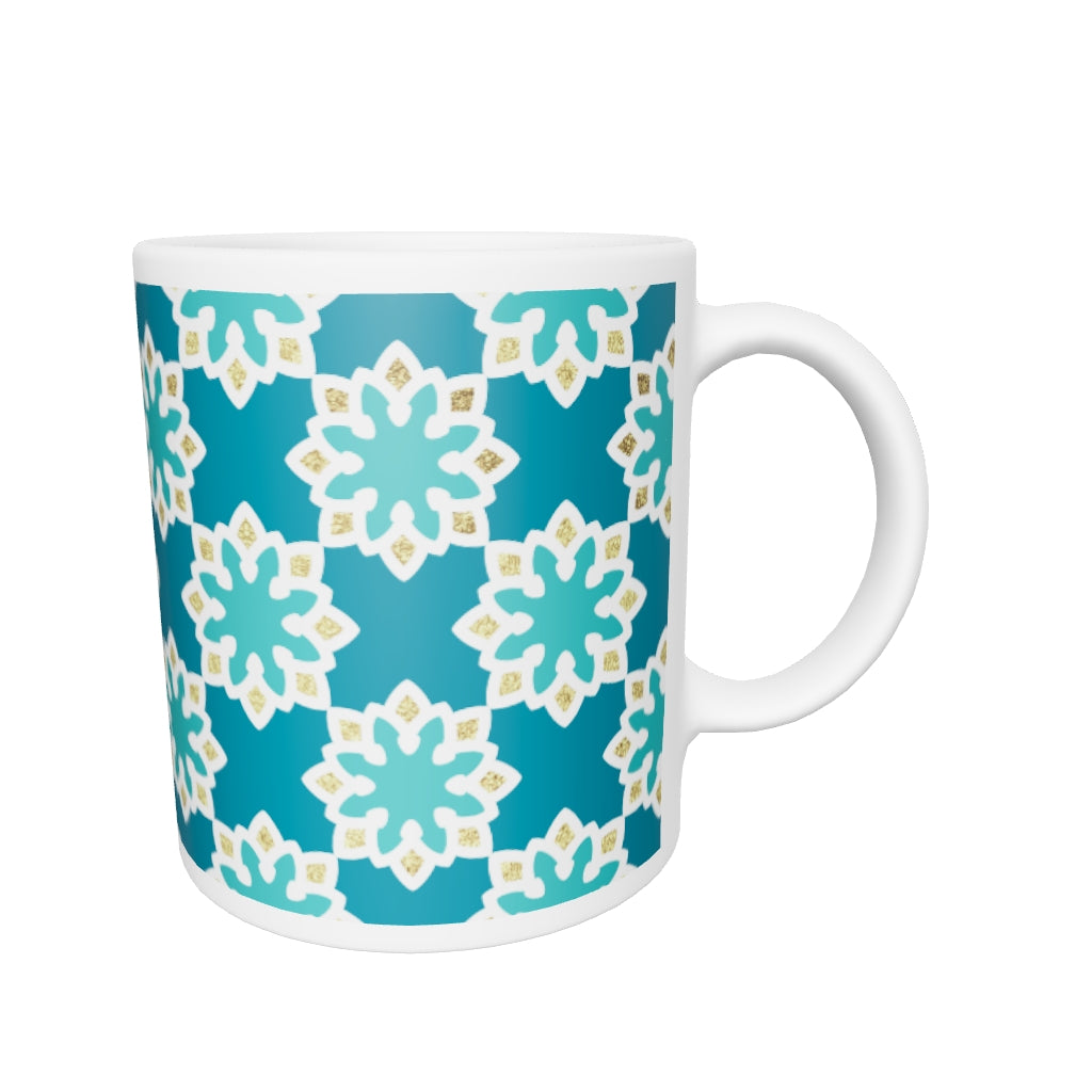 White glossy mug - Arabesque Flower in Aqua and Gold