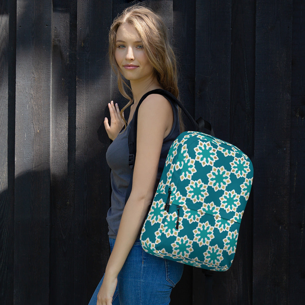 Backpack - Arabesque Flowers in Aqua and Gold