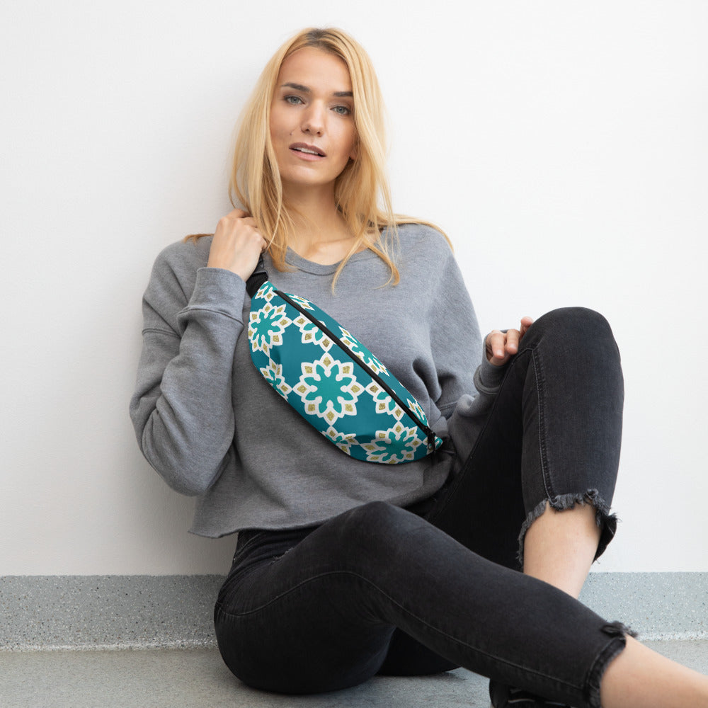 Fanny Pack (Bum Bag) - Arabesque Flowers in Aqua and Gold