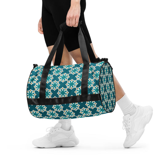 All-over print gym bag - Arabesque flower in Aqua