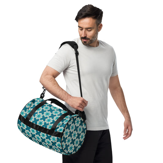All-over print gym bag - Arabesque flower in Aqua
