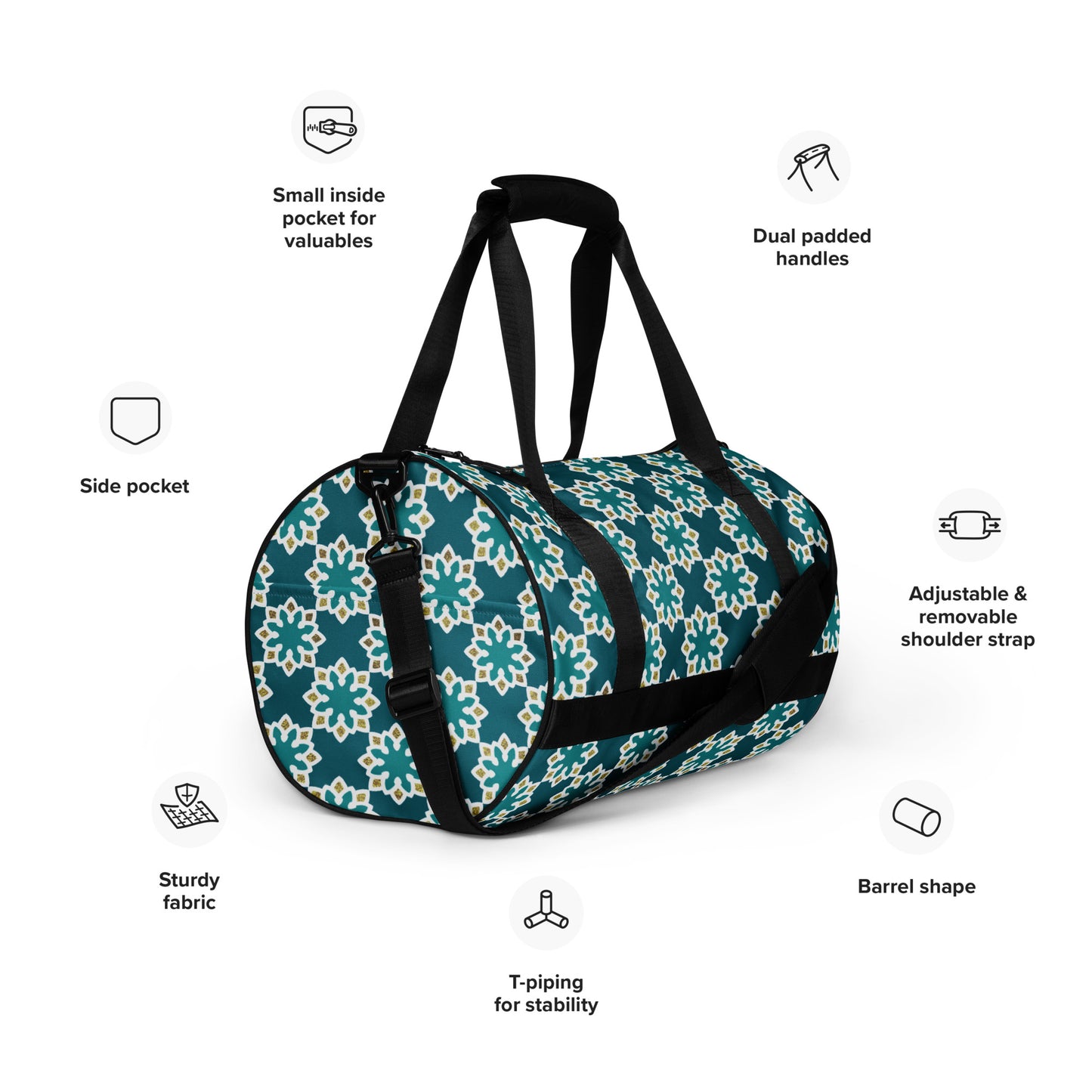 All-over print gym bag - Arabesque flower in Aqua