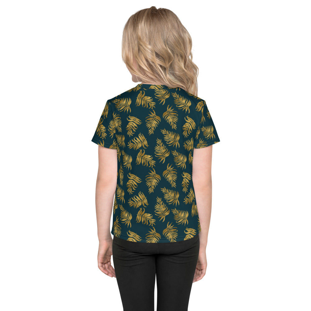 Kids crew neck t-shirt 2T to 7 years - Palm Leaves in Gold and Teal