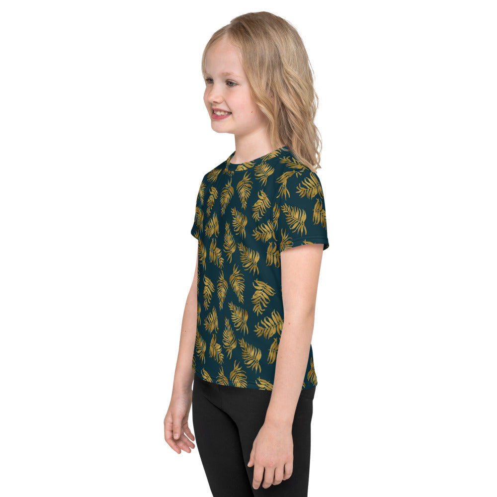 Kids crew neck t-shirt 2T to 7 years - Palm Leaves in Gold and Teal