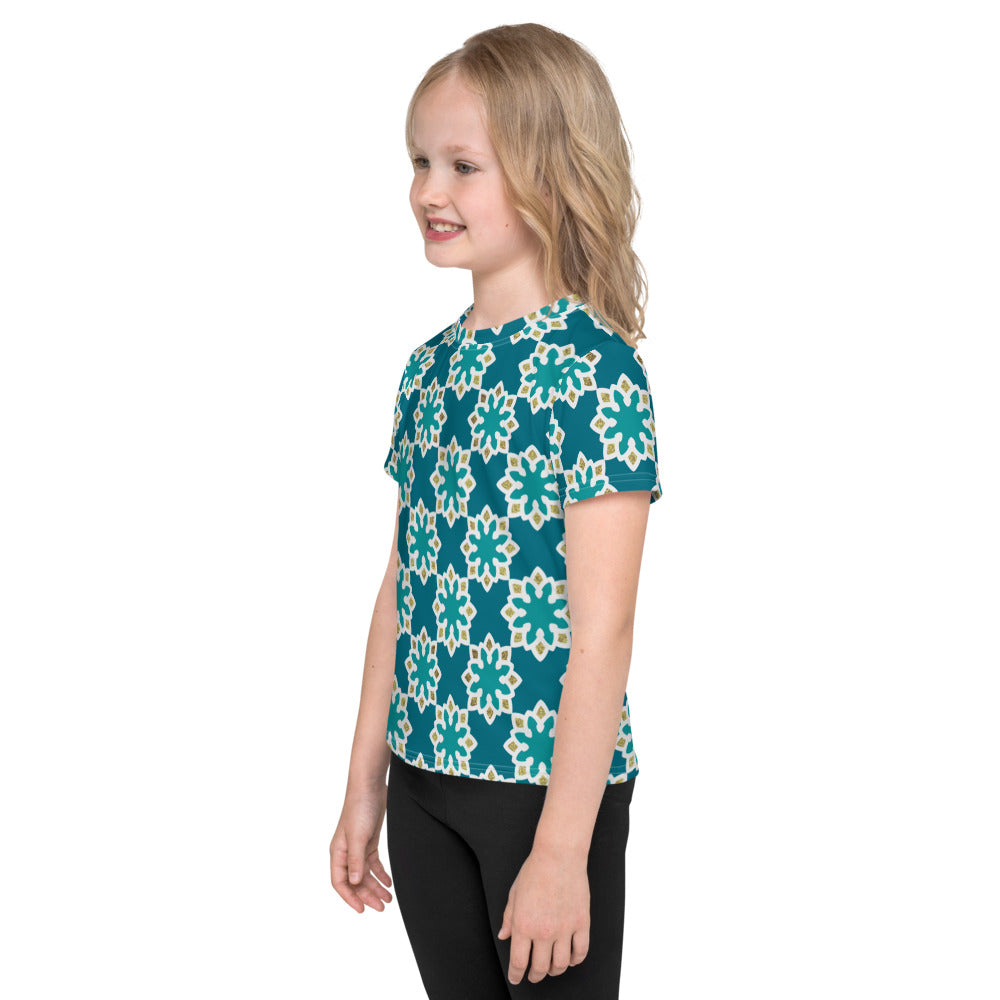 Kids crew neck t-shirt 2T to 7 years - Arabesque Flowers in Aqua and Gold