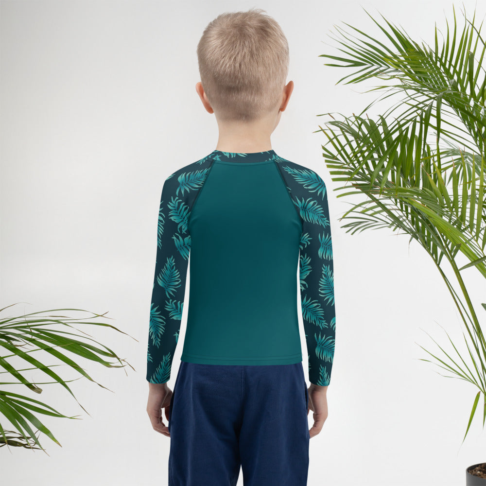 Kids Rash Guard 2T - 7 years - Palm Leaves in Blue Ombre Sleeve
