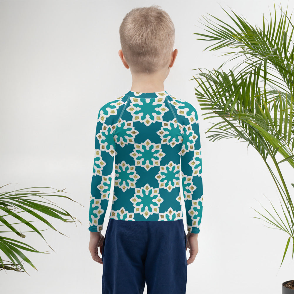 Kids Rash Guard 2T to 7 years - Arabesque Flowers in Aqua and Gold
