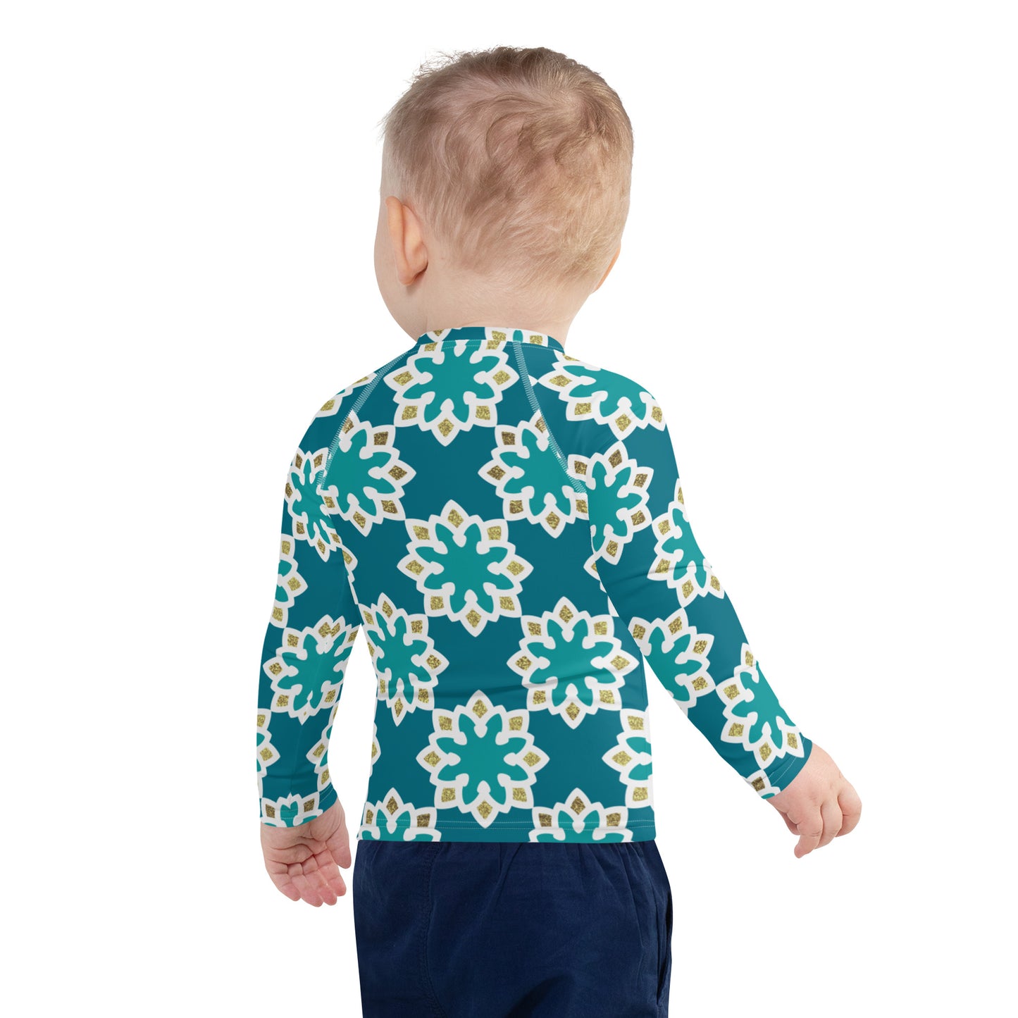 Kids Rash Guard 2T to 7 years - Arabesque Flowers in Aqua and Gold