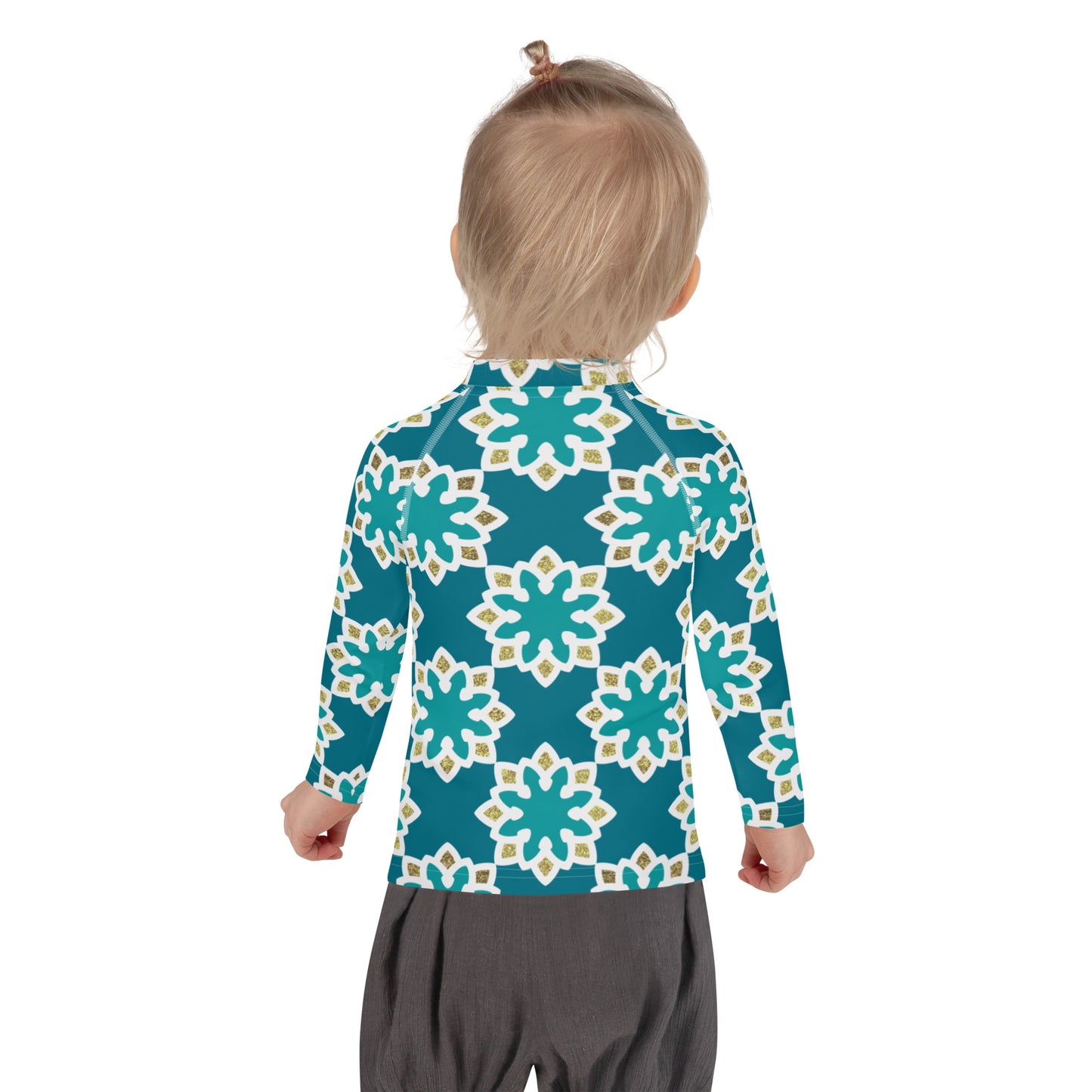Kids Rash Guard 2T to 7 years - Arabesque Flowers in Aqua and Gold