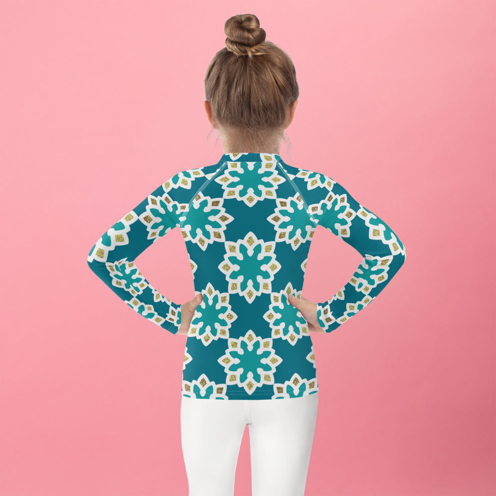 Kids Rash Guard 2T to 7 years - Arabesque Flowers in Aqua and Gold