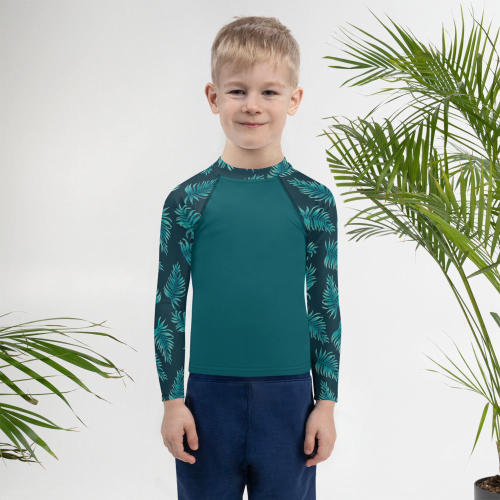 Kids Rash Guard 2T - 7 years - Palm Leaves in Blue Ombre Sleeve