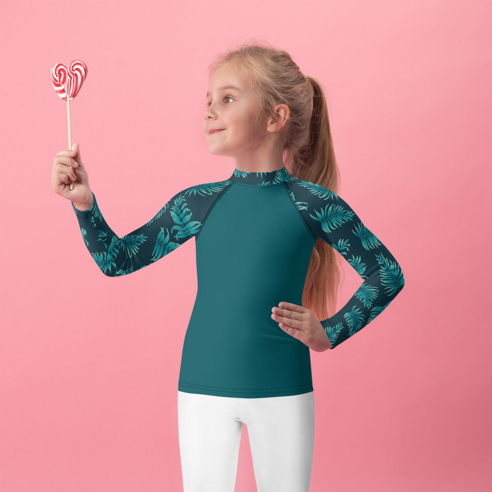 Kids Rash Guard 2T - 7 years - Palm Leaves in Blue Ombre Sleeve