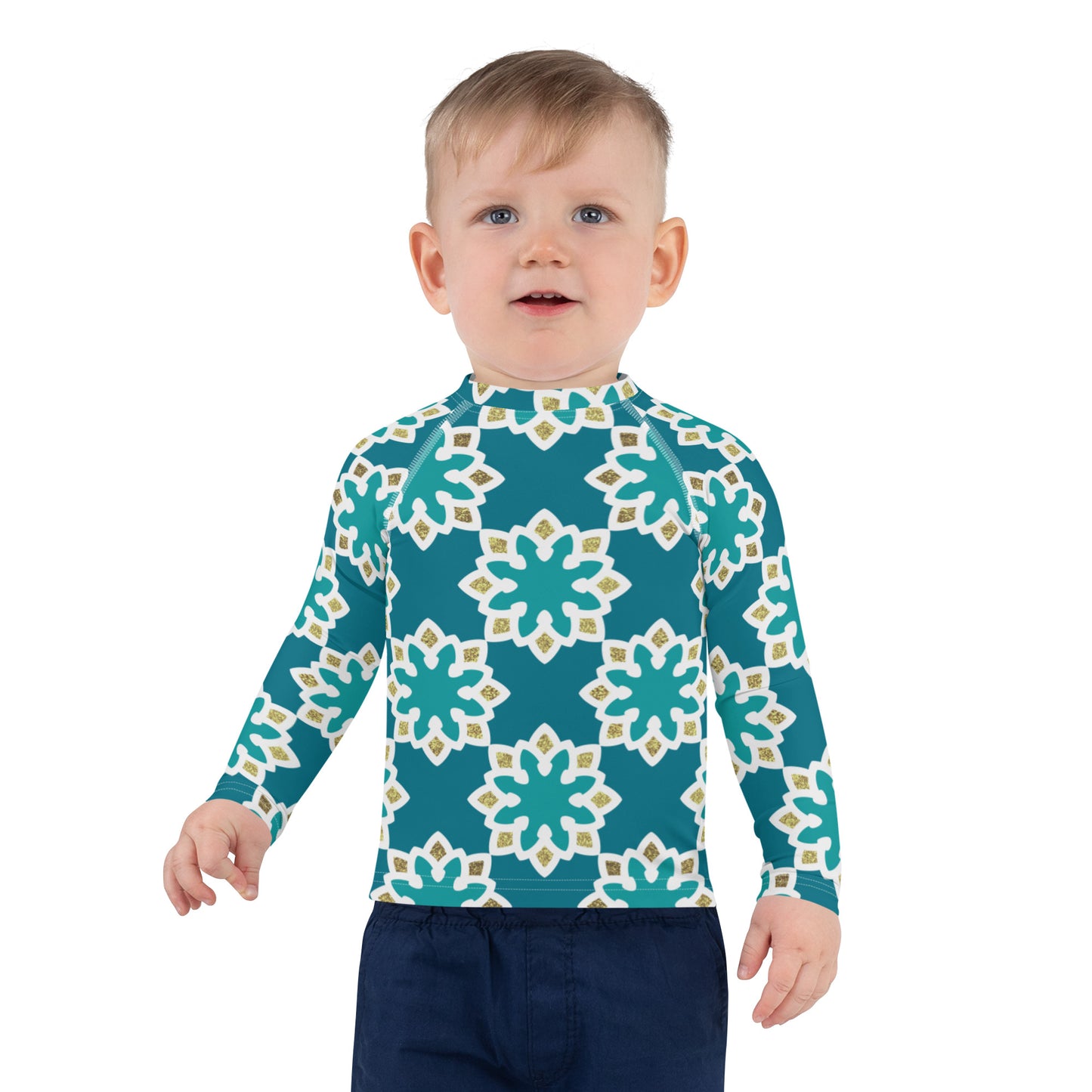 Kids Rash Guard 2T to 7 years - Arabesque Flowers in Aqua and Gold
