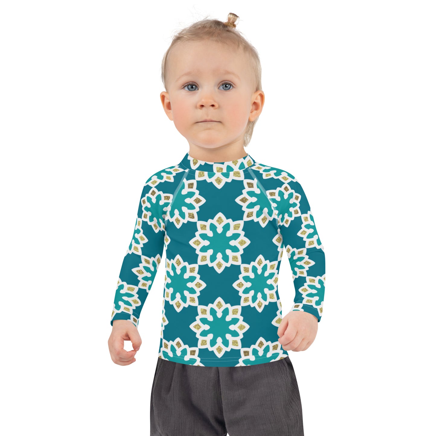 Kids Rash Guard 2T to 7 years - Arabesque Flowers in Aqua and Gold