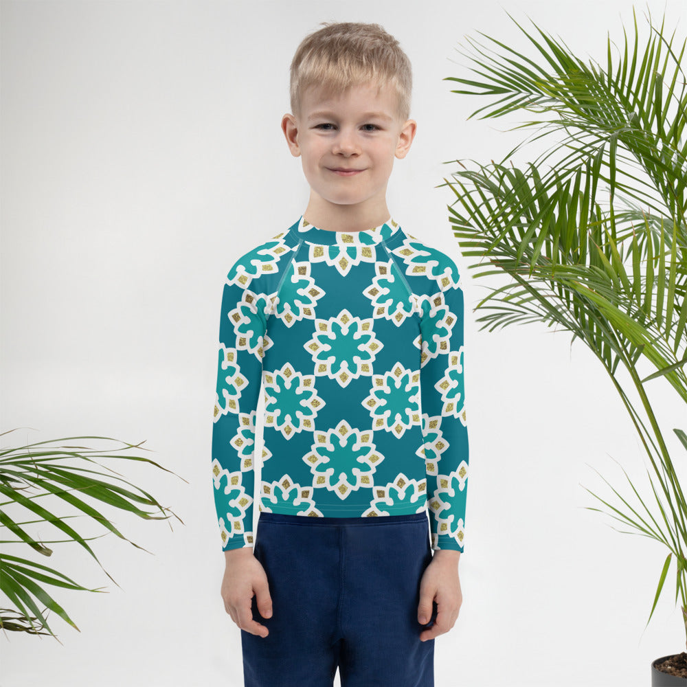 Kids Rash Guard 2T to 7 years - Arabesque Flowers in Aqua and Gold