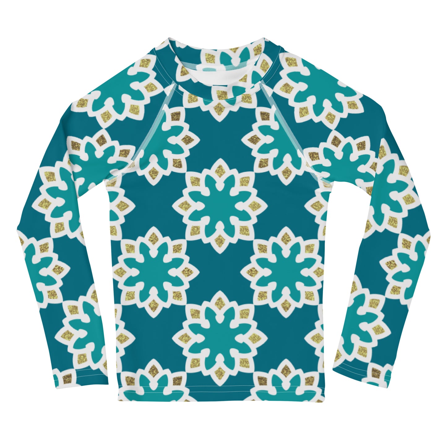 Kids Rash Guard 2T to 7 years - Arabesque Flowers in Aqua and Gold