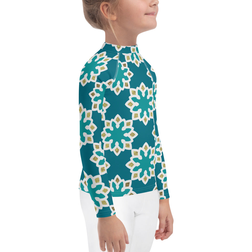Kids Rash Guard 2T to 7 years - Arabesque Flowers in Aqua and Gold