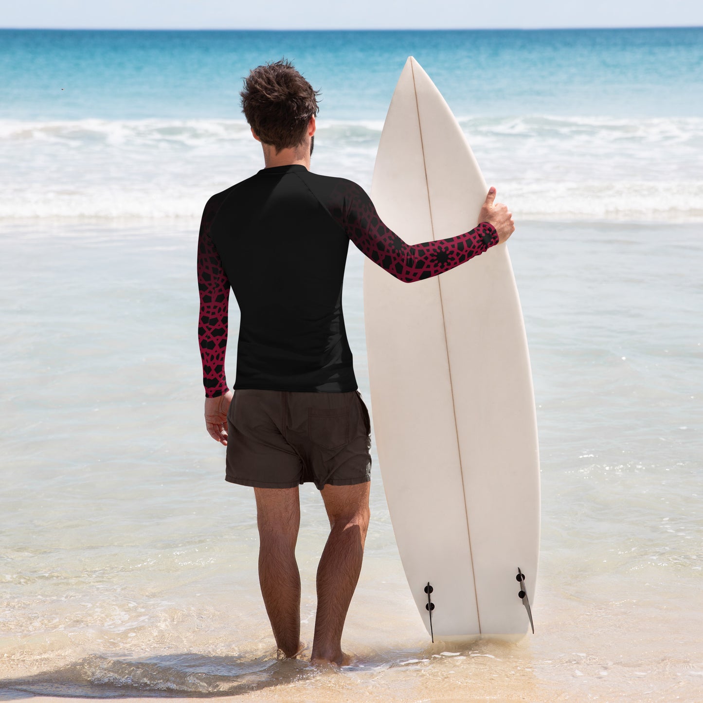 Men's Rash Guard - Geometric Ombre in Black and Red Sleeve